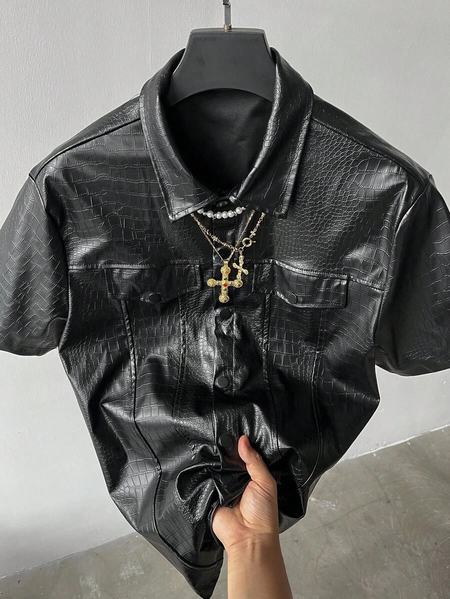 Manfinity LEGND 男士休闲 PU 皮革黑色衬衫，街头通勤。 - 黑色 - 查看 1