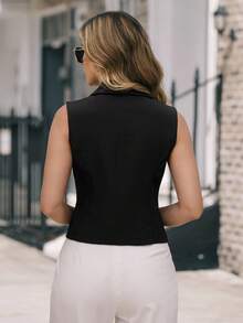EMERY ROSE Chaqueta Blazer Sin Mangas Con Cuello, Botón Único Y Diseño Envolvente - Negro - Ver 2