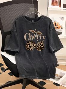 Attitoon Women's Grey Leopard Print Cherry Pattern Graphic Tee,Summer Casual City Break Oversized T-Shirt,Minimalist Vintage Grunge Punk Beach Vacation Top - Multicolor - View 2
