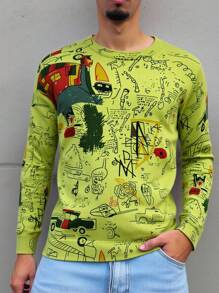 Manfinity Homme 男士时尚涂鸦图案圆领毛衣 - 橄欖綠 - 查看 4