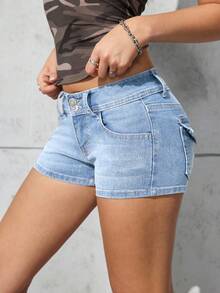 SHEIN PETITE Women's Fashion Washed Pocket Denim Shorts - Blue and White - View 3