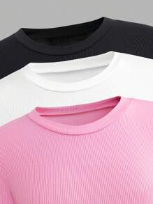 SHEIN 3pcs/Set Tween Girls Minimalist Elegant Casual Ribbed Knit Ruched Waist Round Neck Short Sleeve Fitted T-Shirts, Suitable To Pair With Pants, Leggings, Skirts, Jackets, Dresses, Jumper Dresses Fall Winter - Multicolor - View 4