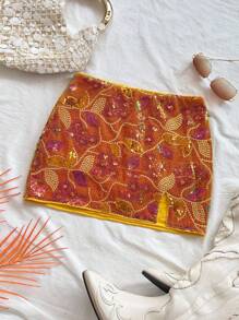 Soleia WYWH 度假浪漫派对复古西式橙色闪光刺绣低腰高开衩迷你裙女士 - 橘色 - 查看 5