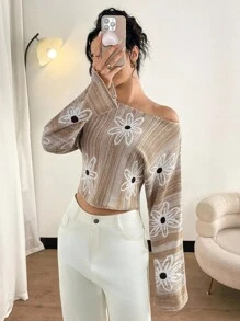 Modelyn Asymmetrical Color Block Floral Knit Pullover Sweater, Loose Casual Women Autumn/Winter - Camel - View 5