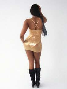 Amplova Váy 2 trong 1 vải xuyên thấu kim loại - Rượu sâm banh - Xem 2