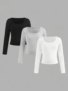 SHEIN Girlism 3件套少女休闲修身短款喇叭袖简约V领长袖T恤，黑/灰/白秋冬3件装上衣 - 彩色 - 查看 1