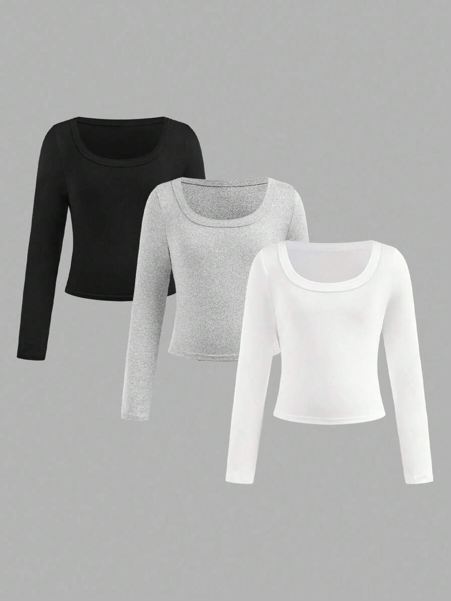 SHEIN Girlism 3件套少女休闲修身短款喇叭袖简约V领长袖T恤,黑/灰/白秋冬3件装上衣 - 彩色 - 查看 1