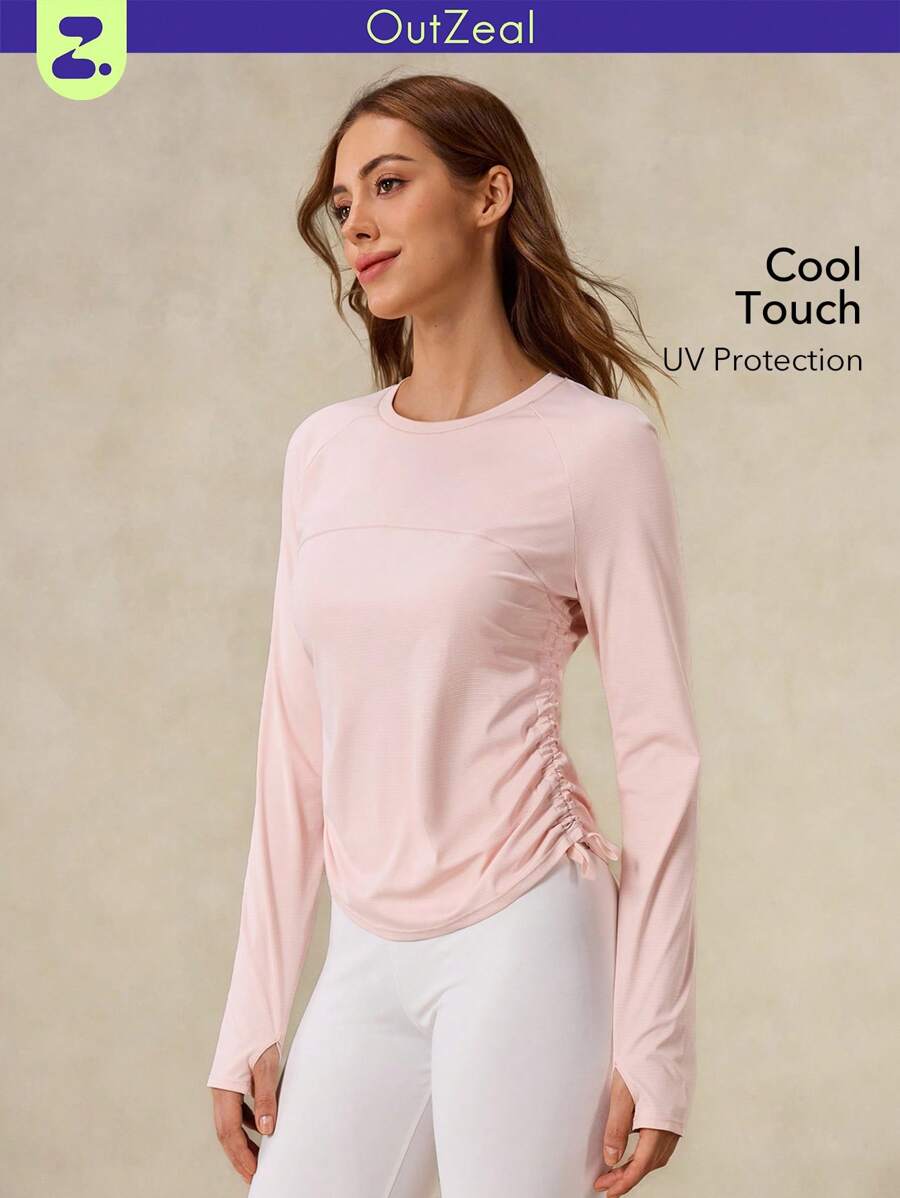 OutZeal 女士户外粉色T恤，适合徒步健身，长袖，防紫外线，触感凉爽，侧边褶皱抽绳带拇指孔