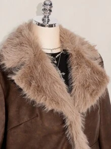 SHEIN ICON Plus Size Vintage PU Leather Patchwork Faux Fur Collar Double Pocket Jacket Fur Jacket Women Brown Fur Jacket Women Fur Coat Faux Fur Jacket Women Brown Jacket Women Winter Fall Autumn
