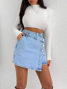 EURMUSE WOMEN MINI SKIRT SNOW WASH BUTTON DETAIL PETITE - Light Wash - View 3