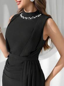 Coutiva 奢华晚礼服，亮片和珍珠领，高端优雅派对礼服 - 黑色 - 查看 6