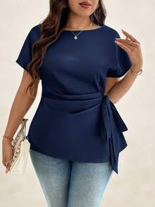 SHEIN Clasi 大码女式纯色圆领蝙蝠袖短袖侧系带时尚衬衫