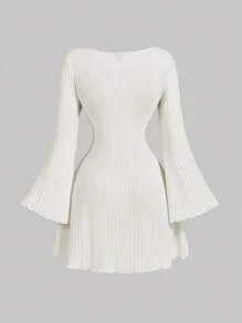 Girlism 少女连衣裙象牙色喇叭袖迷你连衣裙、节日连衣裙、白色外出连衣裙、新年连衣裙、冬季连衣裙、新年连衣裙 - 白色 - 查看 2