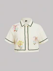 SHEIN MOD Áo kiểu tay ngắn cổ thêu đơn giản, cài nút phía trước, cỡ lớn cho nữ, áo mùa hè, áo đi biển, áo đi chơi cho nữ, lễ hội Rave, áo đi nghỉ, áo thường ngày, áo phong cách Boho - Nhiều màu - Xem 1