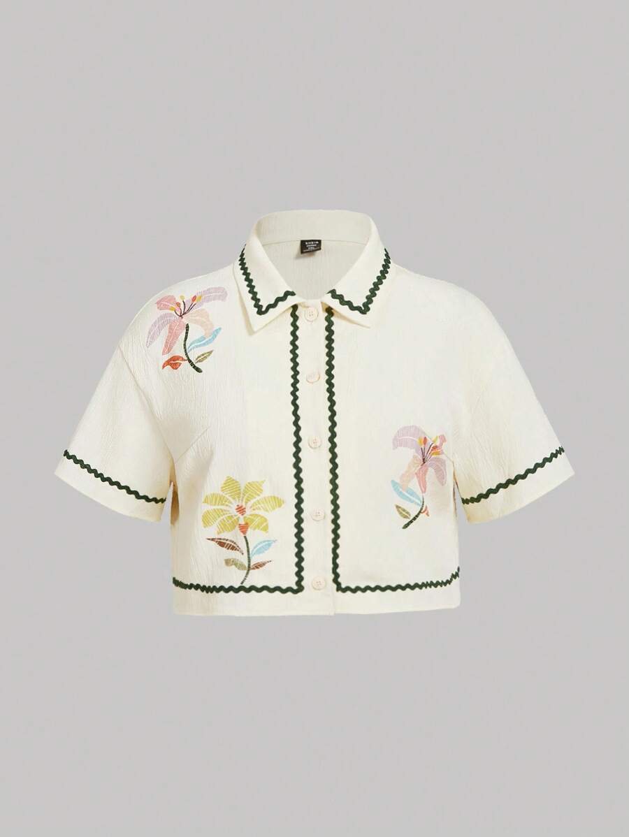 SHEIN MOD Áo kiểu tay ngắn cổ thêu đơn giản, cài nút phía trước, cỡ lớn cho nữ, áo mùa hè, áo đi biển, áo đi chơi cho nữ, lễ hội Rave, áo đi nghỉ, áo thường ngày, áo phong cách Boho - Nhiều màu - Xem 1