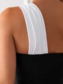 Costavie Women's Colorblock Asymmetrical Neck Simple Daily One-Piece Swimsuit Summer - Black and White - View 5