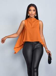 SOLERSUN Women's Spring Summer Vacation Holiday Solid Color Elegant Asymmetric Hem Sleeveless Blouse - Rust Brown - View 6