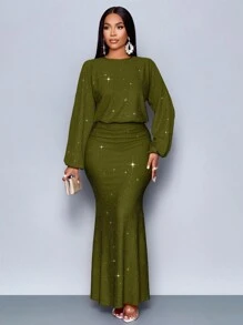 SOLERSUN 适合圣诞派对度假和约会和情人节约会粉色优雅美人鱼下摆紧身性感连衣裙长款女装 - 橄欖綠 - 查看 3