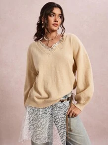 SHEIN VCAY Pulover lejer cu guler în V și dantelă contrastantă, mărime plus, pentru femei, casual, de zi cu zi, pentru naveta zilnică, toamnă