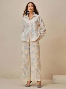 Anewsta Floral Embroidered Beaded Oversized Dropped Shoulder Long Sleeve Shirt - Baby Blue - View 1
