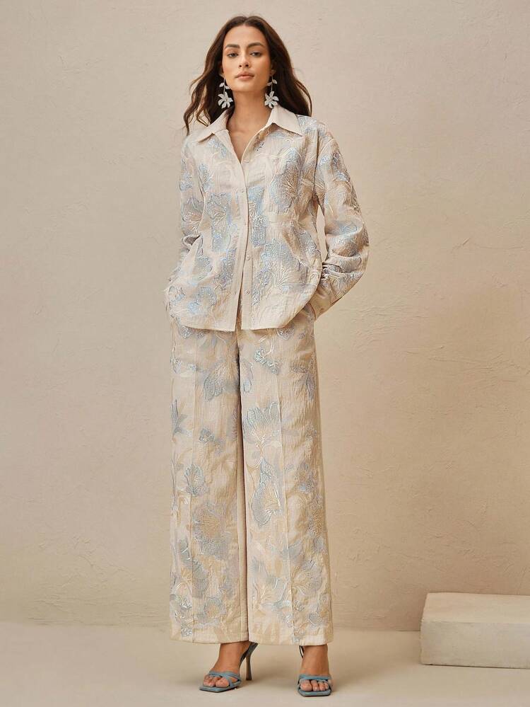 Floral Embroidered Beaded Oversized Dropped Shoulder Long Sleeve Shirt