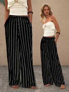 Lumivelle Women's Striped Casual Pants (Waistband Printed Design) Fall Cloth For Women