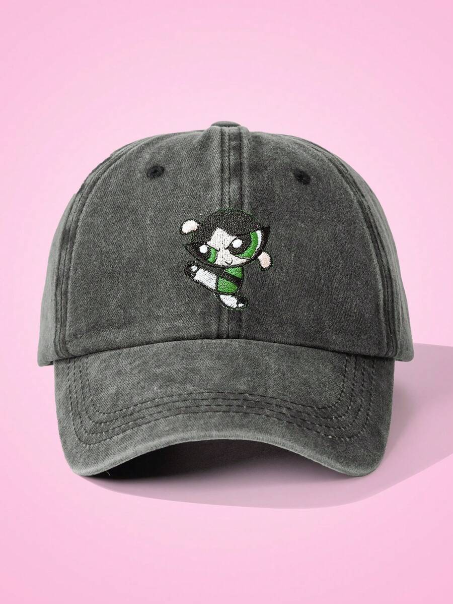 THE POWERPUFF GIRLS X SHEIN Buttercup Embroidered Fashionable And Cute Washed Baseball Cap - Black - View 1
