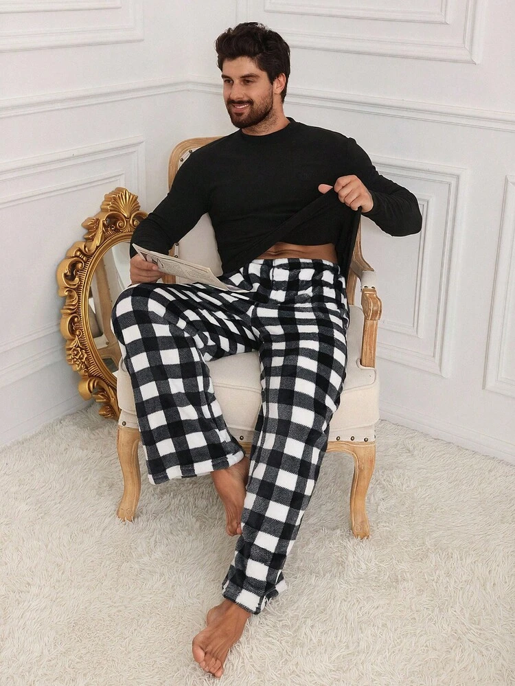 Calça de Flanela Xadrez Masculina para Descanso, Calça de Moletom Fofinha para Outono, Inverno, Confortável