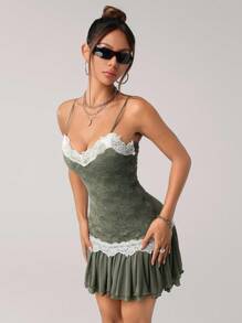 SHEIN ICON Y2k 波西米亚风复古外出文艺复兴橄榄绿性感优雅蕾丝拼布细肩带迷你连衣裙，夏季鼠尾草绿色连衣裙蕾丝边连衣裙吊带裙绿色连衣裙 - 綠色 - 查看 1