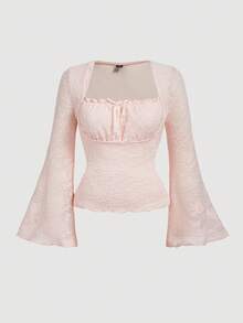 SHEIN MOD Áo thun cổ vuông tay loe nhún bèo màu hồng nhạt cỡ lớn dành cho nữ - Màu Hồng baby - Xem 1