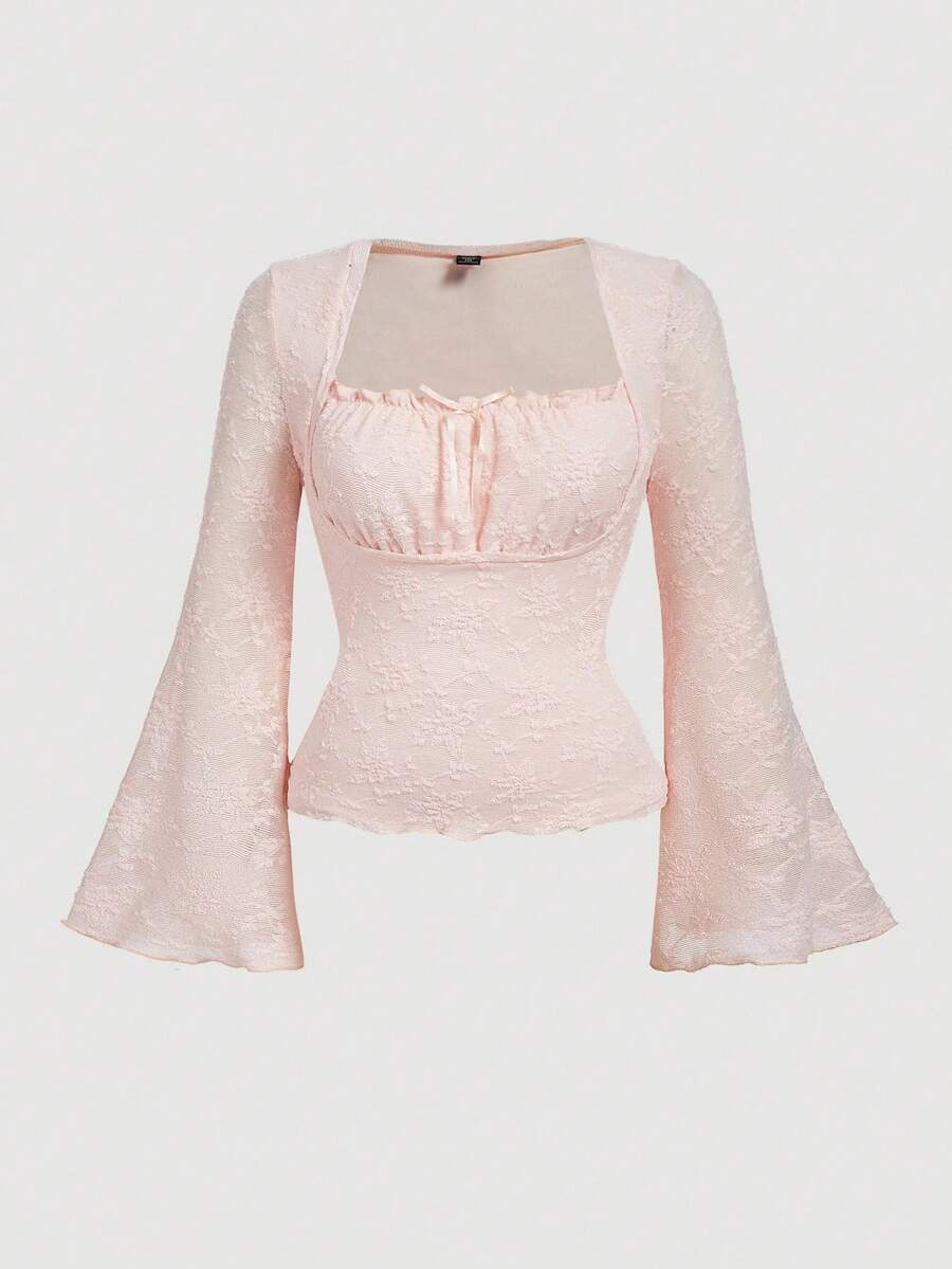 SHEIN MOD Áo thun cổ vuông tay loe nhún bèo màu hồng nhạt cỡ lớn dành cho nữ - Màu Hồng baby - Xem 1