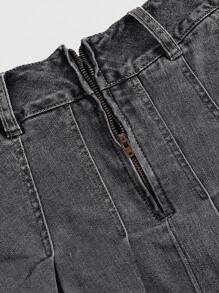 ROMWE Grunge Punk Women's Waist Strap Pocket Pleated Simple Casual Denim Skirt