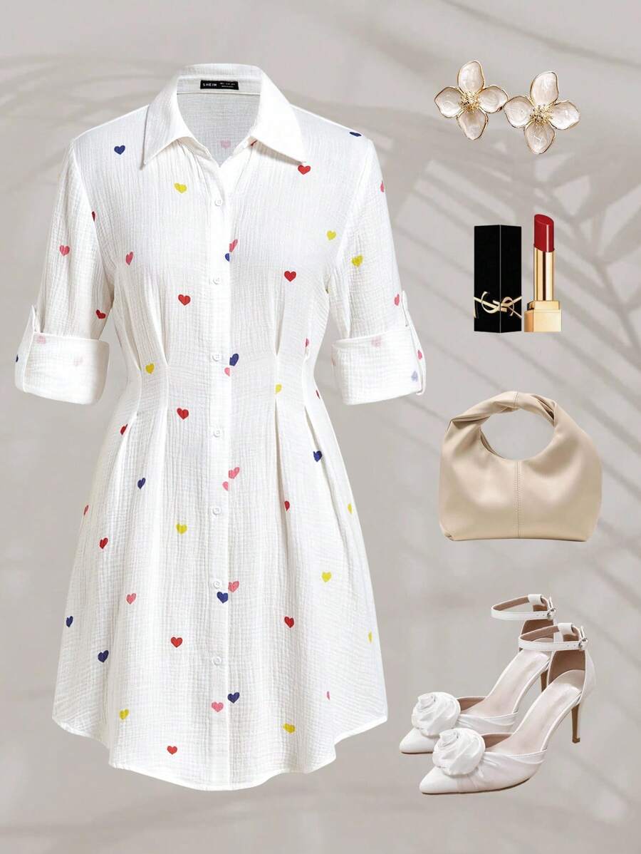 Ellevyn Women's Long Sleeve Heart Print Cotton Textured Fabric Waist Slimming Shirt Dress, Elegant Daily Wear Short Dress