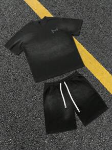 ROMWE MEN Casual Conjunto de camisetas para hombre, diseño americano de calle con efecto cebra, estampado gráfico en inglés, conjunto de manga corta - Gris - Ver 4