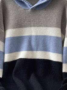 SHEIN Teenage Boys' Casual Striped Contrast Color Hooded Solid Knit Hoodie Sweater, Versatile All-Match Suitable For Commuting, School, Daily Casual, Vacation, Outdoor, College Party, Fall Autumn And Winter Clothes Color Block Sweater Striped Knit Sweater Teen Boys Sweater Hoodie Boys Hooded Sweater Boys Knit Hoodie - Multicolor - View 4