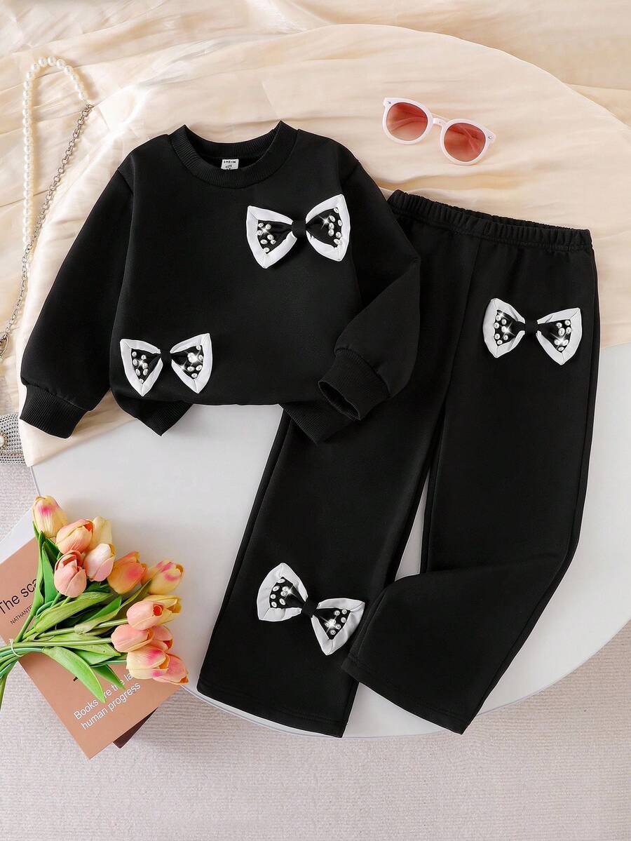 SHEIN 两件套女童黑色珍珠蝴蝶结长袖卫衣裤套装,舒适休闲日常穿着,春秋冬季皆宜 - 黑色 - 查看 1