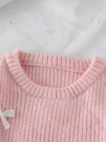 SHEIN Baby Girl Embroidered Pink Pullover Sweater,Cute Sweet Pink Autumn Bow Embroidery Knitwear For Family Matching,Halloween,Christmas,New Year's Eve - Pink - View 4