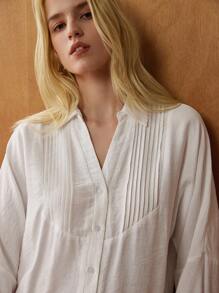 Écloséra 休闲度假褶皱荷叶边领扣宽松长袖拼布蕾丝白色衬衫裙，女式春夏