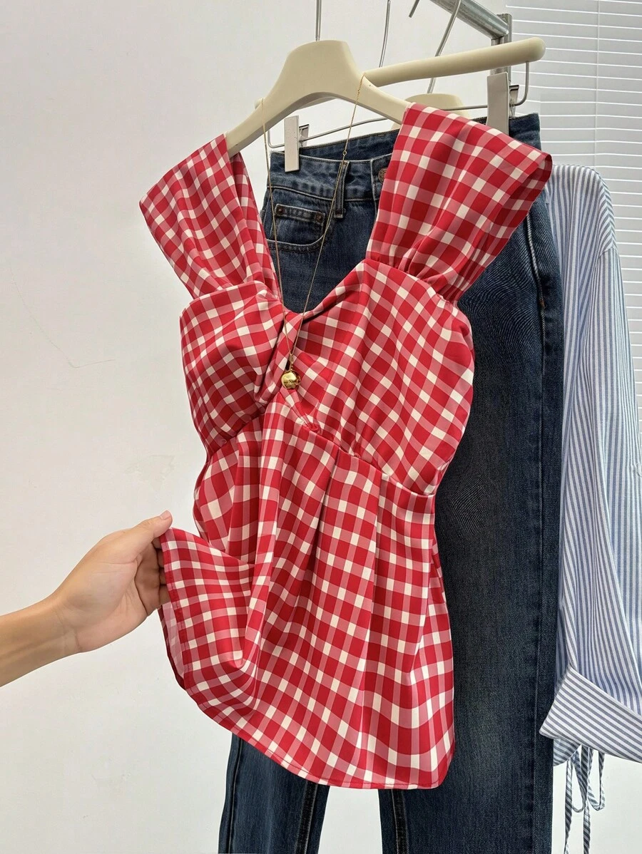 SHEIN 女士系带吊带背心，法式复古吊带背心，春夏款 - 紅色 - 查看 1