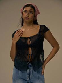 MUSERA Scoop Neck Chiffon Ruched Tie Front Top Fall Cute Streetwear Festival Farmhouse Country Vintage Fall Autumn Holidays Summer Spring - Black - View 1