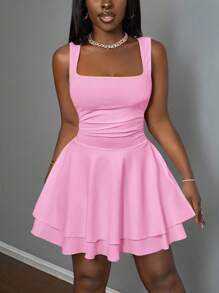 Slaydiva 女式休闲基本款无袖褶皱分层 A 字短裙，甜美圆领，夏季 - 粉色 - 查看 4