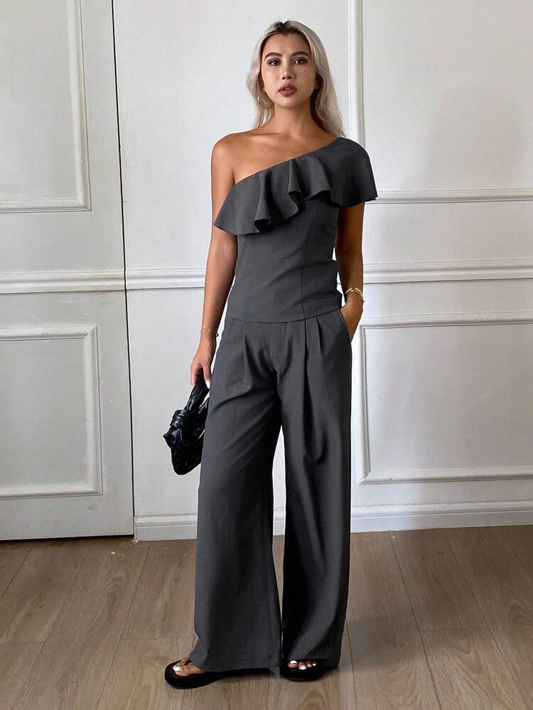 2pcs Women's Casual Solid Color Asymmetric Neck Ruffle Blouse And Wide Leg Pants Set
