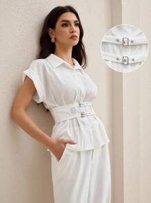 Mulvari Women's Casual Crinkle Batwing Sleeve Blouse With Dual Waist Belts For Commuting - White - View 2