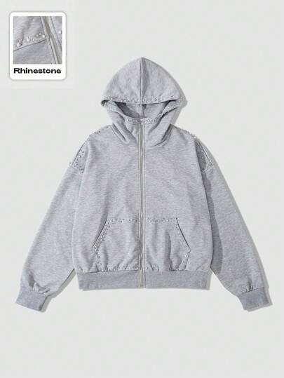 Street Life Sudadera con capucha con cremallera y efecto 3D de perlas falsas para hombre, estilo holgado y corto