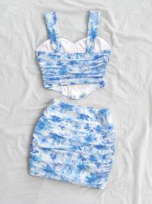 SHEIN Tween Girl Casual Floral Print Asymmetrical Hem Tank Top And Skirt Set, Comfortable & Minimalist