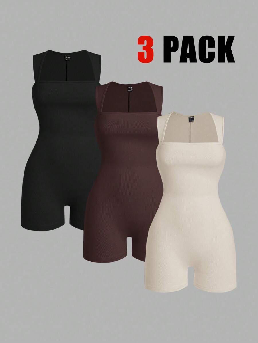 SHEIN EZwear 3pcs Summer Minimalist Solid Color Square Neck Sleeveless Romper 3 Piece Bodysuit Set Women