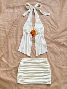 SHEIN x Eduarda Gutierrez Soleia 女士复古扎染花卉印花针织网眼露背系带上衣和褶饰迷你裙套装，适合派对、约会、下午茶、海滩、狂欢节、夏季 - 白色 - 查看 4