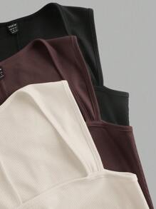 SHEIN EZwear 3pcs Summer Minimalist Solid Color Square Neck Sleeveless Romper 3 Piece Bodysuit Set Women