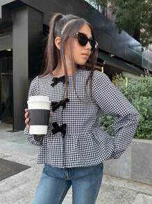 Firerie Kids Firerie Kids Nova Glow 少女复古别致千鸟格天鹅绒蝴蝶结宽松主教袖衬衫 - 黑與白 - 查看 6