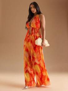 SHEIN BAE Plus Size Women's Textured Fabric Pleated Halter Top & Loose Wide Leg Pants Set/Spring/Fall Tie-Dye Pleated Camisole Top & Long Pleated Wide Leg Pants 2 Piece Set/Women Two Pieces Outfits For Daily Wear/Fall Clothes Plus Size/Halloween/Homecoming/Christmas/Going Out /Birthday Dresses For Women/Western Wear Women/Dresses For Women Party,Fall Clothes For Women - Orange - View 4